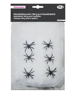 Muut Ripustettavat Koristeet|Halloween>Toyrock Oy, Lemminkäisenkatu 46, 20520 TURKU, www.toyrock.fi Hämähäkinseitti 100 g, valkoinen ja 6 hämähäkkiä
