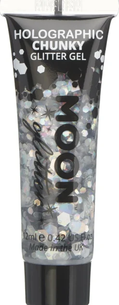 Halloween|Glitterit>Smiffys II Ltd., New Lane, Leeds, LS11 5DZ United Kingdom, www.smiffys.com Holografinen glittergeeli suuri kimalle hopeanvärinen 12 ml