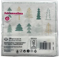 Joulu|Lautasliinat>Ilmapallokeskus Balloon Center Oy Part of Toyrock Group, Tiilipojanlenkki 9, 01720 VANTAA, www.ilmapallokeskus.fi Joulukuuset lautasliina 33 x 33 cm 20 kpl/pkt