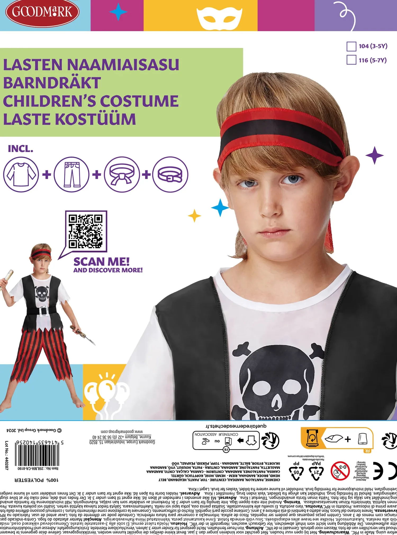 Lasten Naamiaisasut|Vappu>Goodmark Europe NV, Industrielaan 15, 8520 Kuurne, www.goodmarkgroup.com Merirosvoasu lasten 104 cm