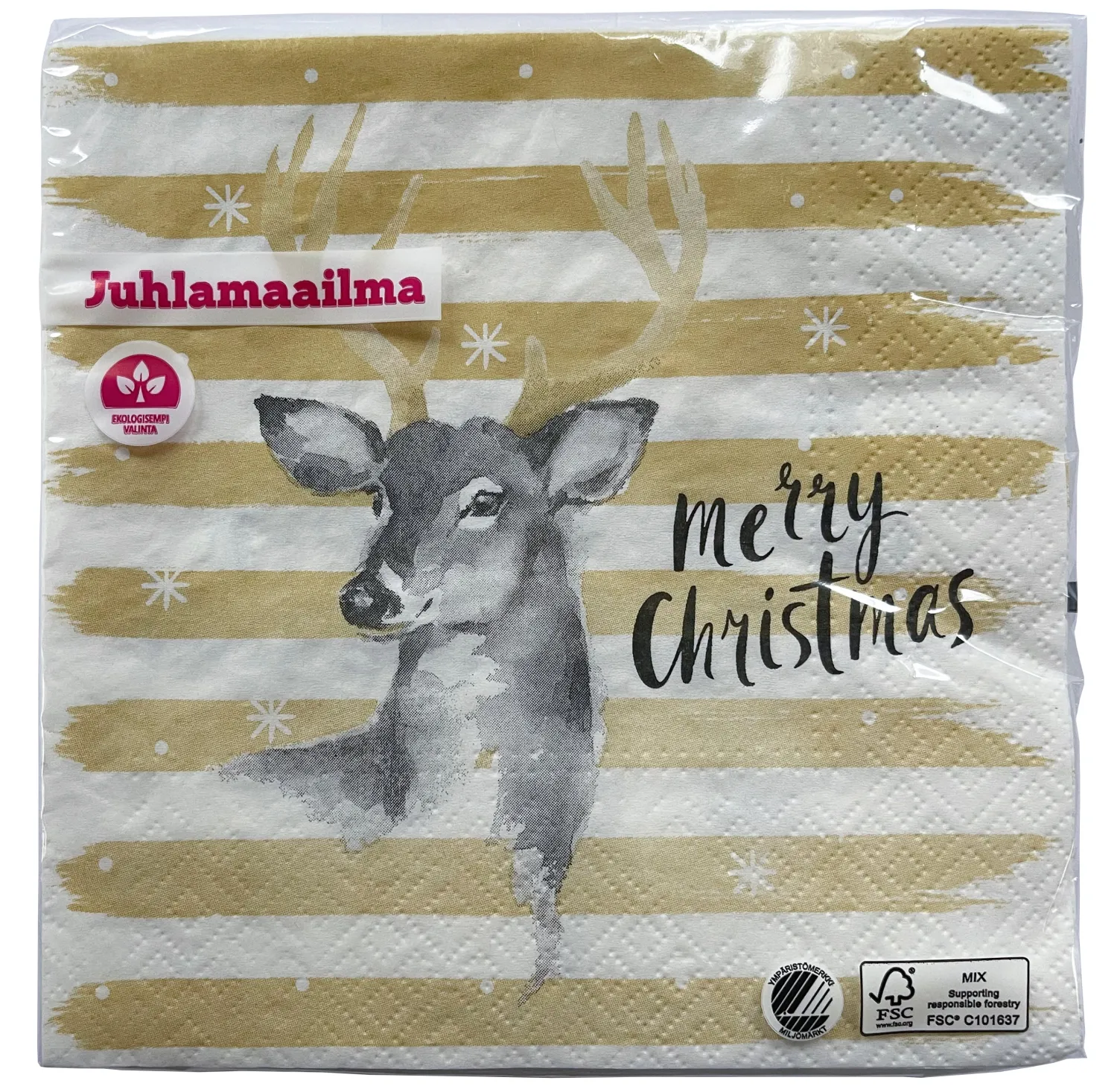 Joulu|Lautasliinat>Ilmapallokeskus Balloon Center Oy Part of Toyrock Group, Tiilipojanlenkki 9, 01720 VANTAA, www.ilmapallokeskus.fi Merry Christmas kauris lautasliina 33 x 33 cm 20 kpl/pkt