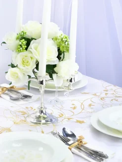 Organzat Ja Tyllit>PartyDeco sp. z o.o. sp. k., ul. Kolumba 1, 70-035 Szczecin, www.partydeco.com Organza valkoinen kultakuviolla 900 x 36 cm