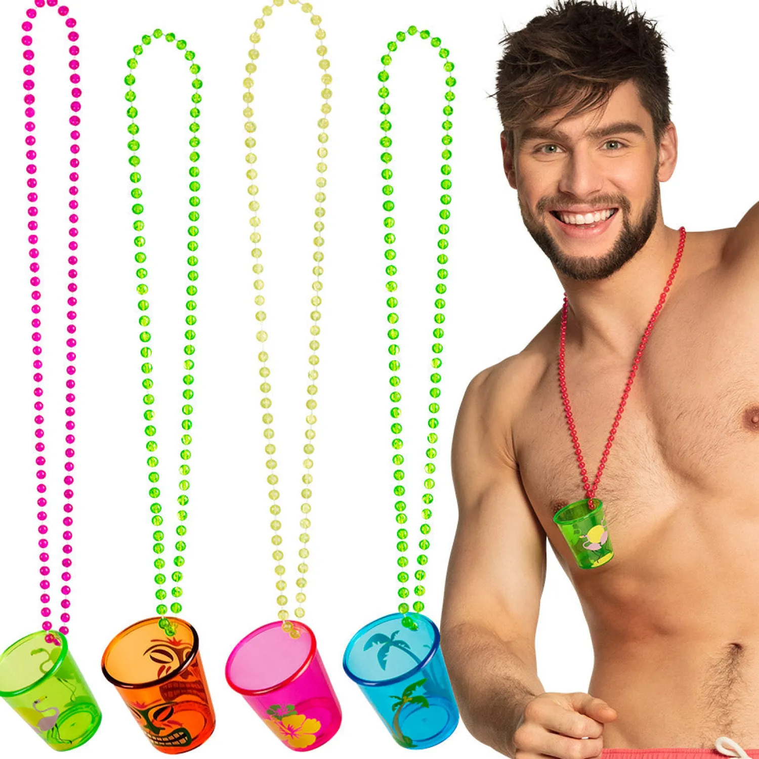 Lasit Ja Mukit>Boland Party Partners, P. O. Box 518, AK ALPHEN A/D RIJN, https://boland.eu Shottilasi kaulanauhassa Hawaii 1 kpl/pkt, lajitelmatuote 4 erilaista