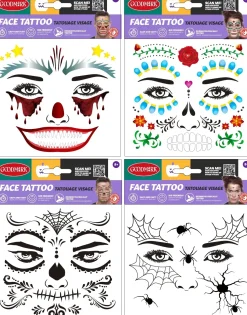 Halloween|Kasvotimantit Ja Siirtotatuoinnit>Goodmark Europe NV, Industrielaan 15, 8520 Kuurne, www.goodmarkgroup.com Siirtokuvatatuointi kasvoille, lajitelmatuote 4 erilaista